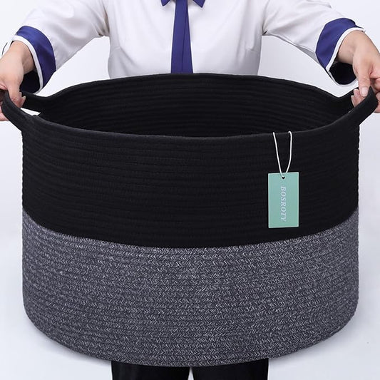 Extra Large Blanket Basket 87L, Laundry Hamper, Baby Nursery Hamper for Storage Toys Clothes Towels, Large Cotton Rope Laundry Basket for Girls Boys, 22”x 14”, Black & Gray