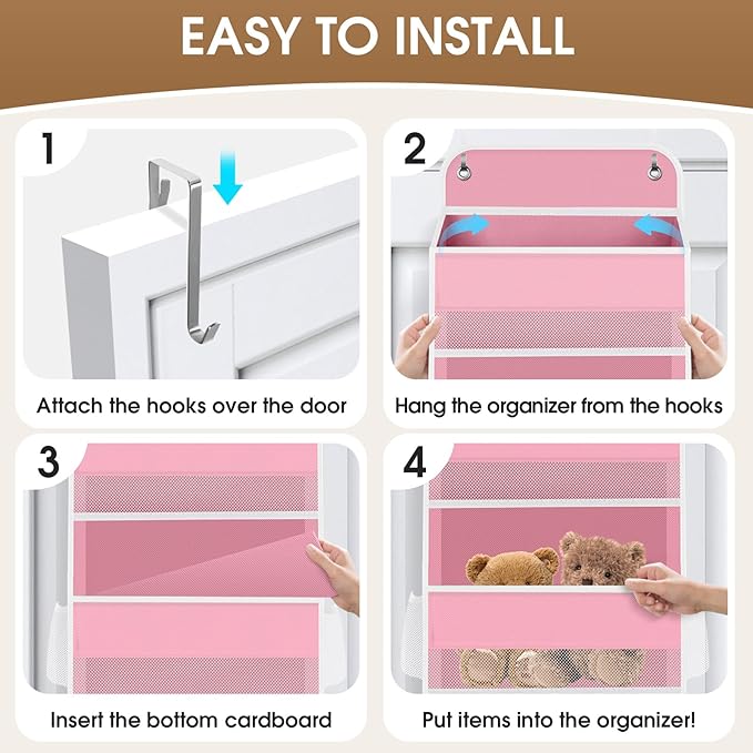 1 Pack Over The Door Organizer Hanging Storage Organizers with Clear Window 40lb Large Capacity Room Organizer for Pantry Laundry Bathroom Nursery Closet(Pink)