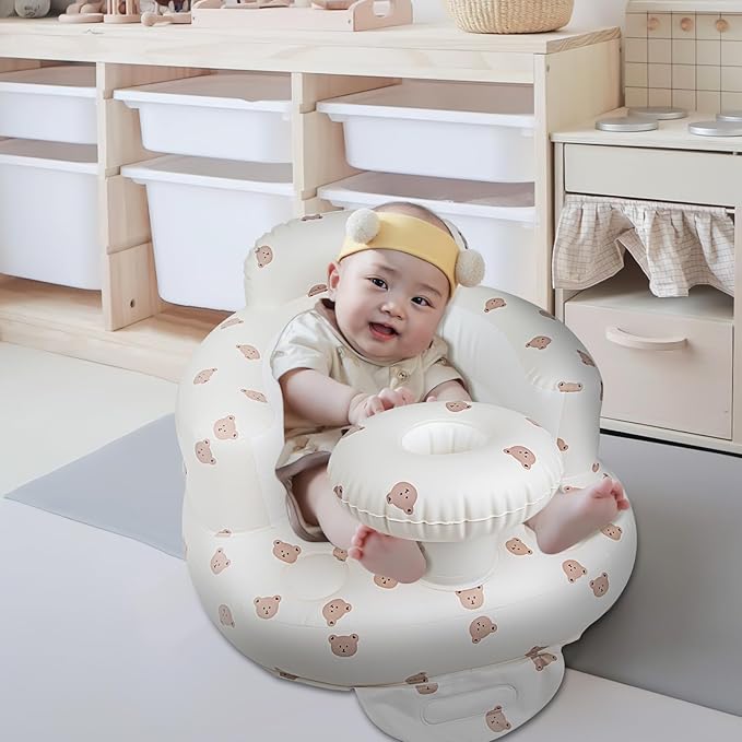 Inflatable Baby Chair with Tray for Babies 3 Months & Up, Blow Up Baby Seat with Built in Air Pump, Sit Me Up Floor Baby Seats for Infants for Sitting Up - Bear Head with Tray