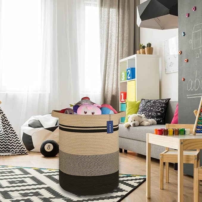 COMSE Extra Large Blanket Basket, Tall Laundry Basket, Nursery Hamper, 15.7”x 21.7”, Cotton Rope Woven Laundry Hamper for Storage Toys Clothes Towels, Brown/Black