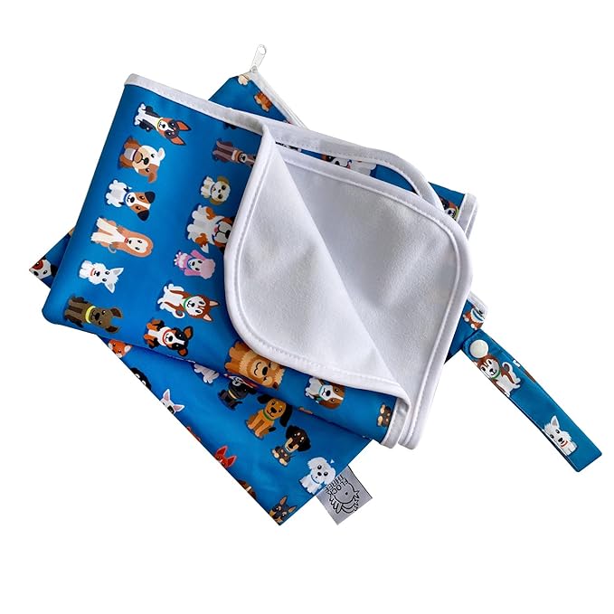 Flockthree Waterproof Baby Changing Pad with Storage Bag (43.3" X 28.7") Washable Wipeable Reusable Leak Proof Diaper Travel Mat Station Changing Mattress Liner Cribs Bed Cover, Dog Family