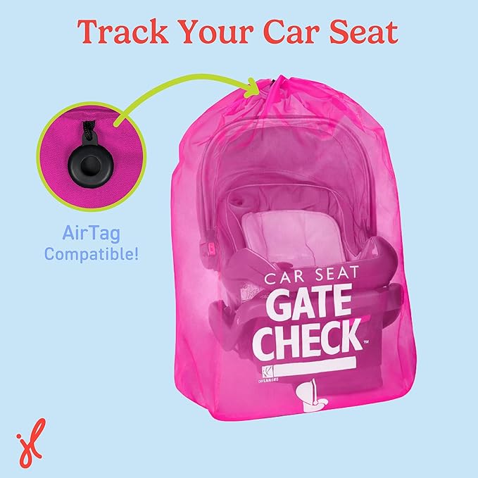 J.L. Childress Gate Check Travel Bag for Car Seats - Car Seat Travel Bag for Airplane, Includes AIRTAG Holder, Fits All Baby Car Infant Carriers & Child Booster Seats - Neon Pink