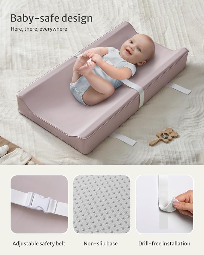 Blissful Diary Vegan Leather Baby Changing Pad with Waterproof & Wipe-Clean PU Cover, Standard Size Cozy Diaper Changing Pad for Dresser and Table, Taupe