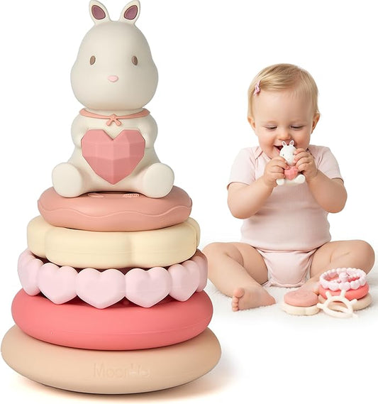 Moonkie Bunny Baby Stacking Toys | 7-Piece Silicone Rings for Teething Relief | Educational Toy for Infants & Toddlers 6 Months+ | Baby Girl Essentials