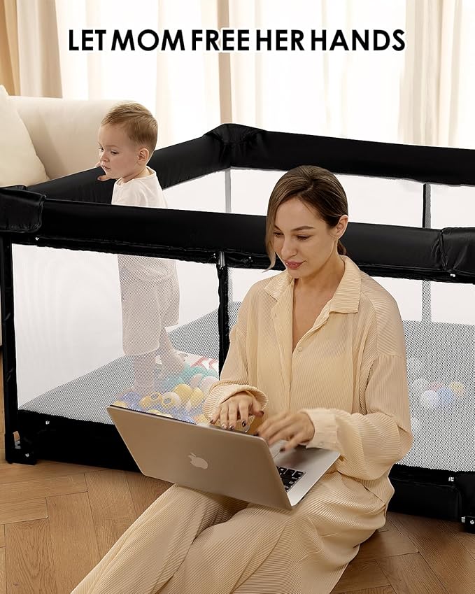 Foldable Baby Playpen, 51"x51" Indoor & Outdoor Play Yard with Single-Joint Frame, Breathable Mesh, Non-Slip Base, Portable Playpen for Toddlers and Infants (Black)
