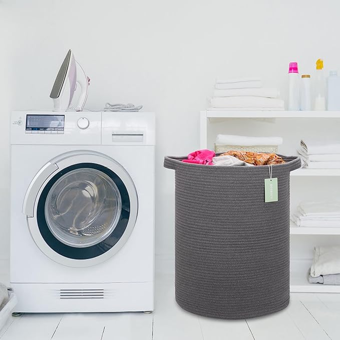 Large Cotton Rope Laundry Hamper 72L, Tall Baby Nursery Hamper, Woven Storage Basket for Living Room Bedroom, Laundry Basket for Storage Toys Clothes Towels, 16”x 22”, Dark Gray