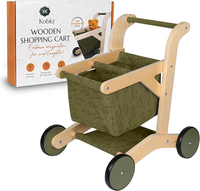 Kids Shopping Cart & Wooden Baby Walker – Baby Doll Stroller for Toddlers 1-3, Push Toy Walker, Montessori Toddler Walking Toy & Baby Shopping Cart – Durable Toddler Walker Push Toy