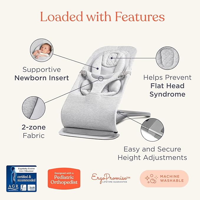 Ergobaby Evolve 3-in-1 Bouncer, Adjustable Multi Position Baby Bouncer Seat, Fits Newborn to Toddler, Midnight Blue