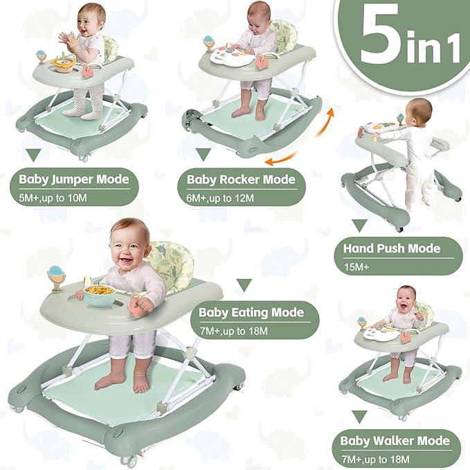 Foldable Baby 5-in-1 Activity Walker - Rocker, Activity Center, Bouncer, Seat Walker, Push Walker - Adjustable Speed Rear Wheels and Height Toys Ages 6-18 Months… (Light Green)