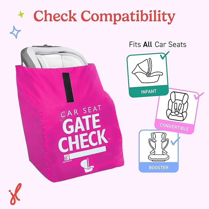 J.L. Childress Gate Check Travel Bag for Car Seats - Car Seat Travel Bag for Airplane, Includes AIRTAG Holder, Fits All Baby Car Infant Carriers & Child Booster Seats - Neon Pink