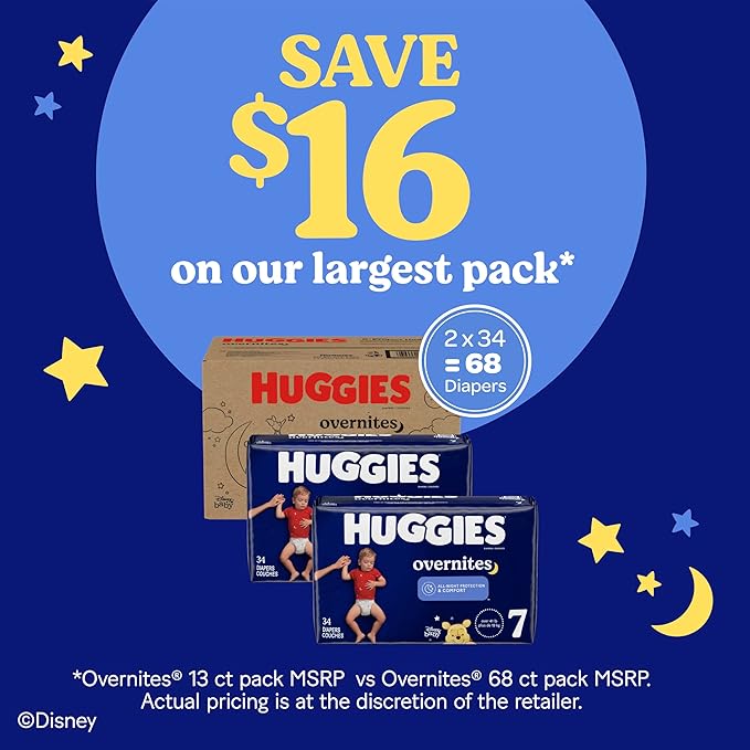 Huggies Size 7 Overnites Baby Diapers: Overnight Diapers, Size 7 (41+ lbs), 68 Ct (2 Packs of 34), Packaging May Vary