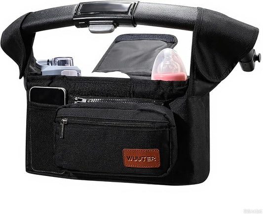 Universal Stroller Organizer with Insulated Cup Holder & Detachable Wristlet Large Capacity Baby Stroller Bag Organizer for Mom, Baby Jogger, Uppababy, Britax, BOB, Umbrella & Pet Strollers(Black)