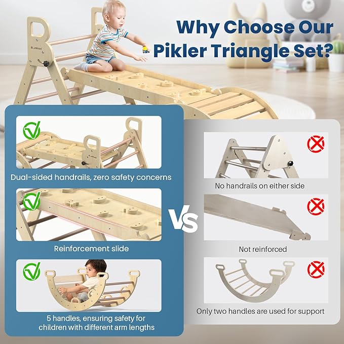 BlueWood Pikler Triangle Set 7-in-1 Foldable Baby Climbing Wooden Toys with Arch&Ramp&Ladder Climber Indoor Jungle Gyms for Toddlers - Natural Wood