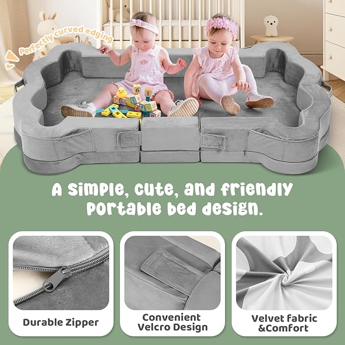 Foldable Portable Toddler Travel Bed,Toddler Floor Bed with Washable Cover for Kids,Soft and Safe (Grey)