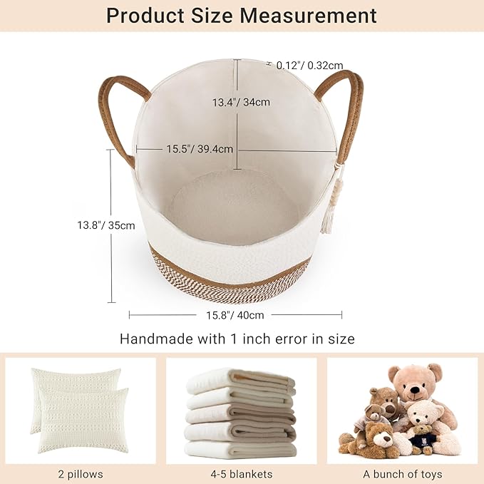 Mkono Woven Storage Basket Decorative Natural Rope Basket Wooden Bead Decoration for Blankets,Toys,Clothes,Shoes,Plant Organizer Bin with Handles Living Room Home Decor, 16"W×13.8"L, White and Brown