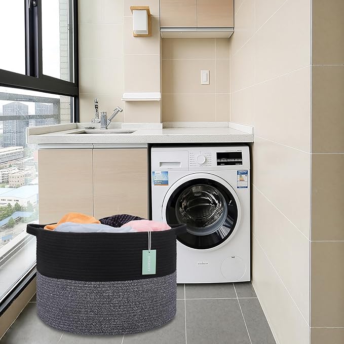 Extra Large Blanket Basket 87L, Laundry Hamper, Baby Nursery Hamper for Storage Toys Clothes Towels, Large Cotton Rope Laundry Basket for Girls Boys, 22”x 14”, Black & Gray