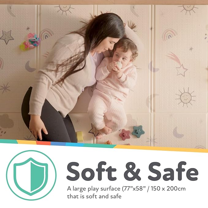 Nuby Reversible Baby Floor Mat - Foldable and Lightweight Foam Infant Play Mat - 77" x 58" - Easy Storage and Travel - Car Tracks/Alphabet