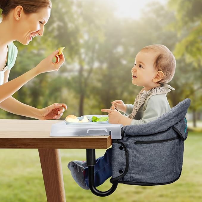 Hook On Chair with Removable Dining Tray,Portable Hook-On Chairs with Storage Bag,for Home and Travel(Grey)