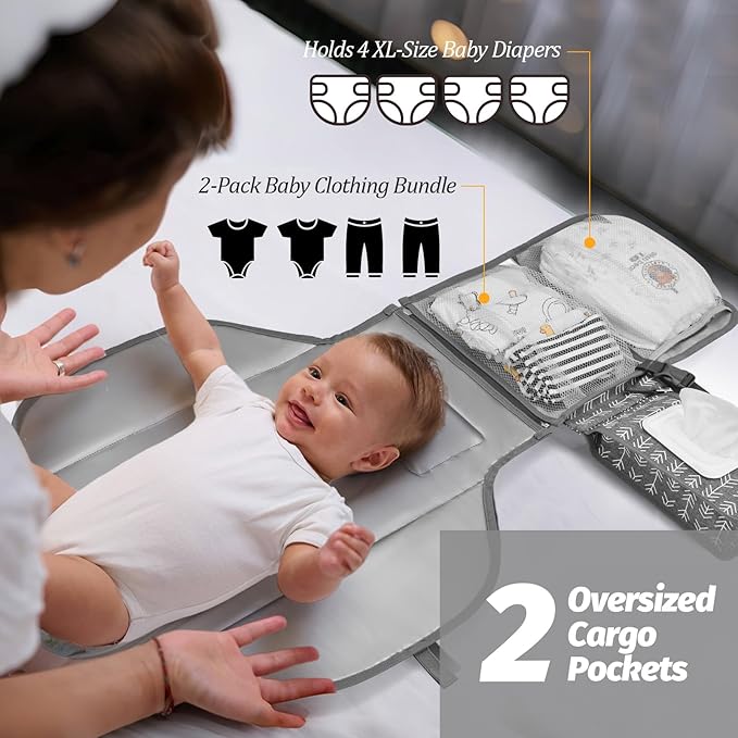 Portable Diaper Changing Pad - Changing Pad Portable with Wipes Pocket, Waterproof Diaper Changing Mat, Portable Changing Pad for Baby, Newborn Gift (Grey Arrows)
