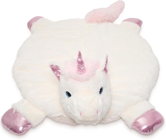 Bearington Baby Dreamer Baby Play Mat - 30 x 30 Inch White and Pink Unicorn Plush Stuffed Animal Blanket - Floor Mat Unicorn Plush Blanket