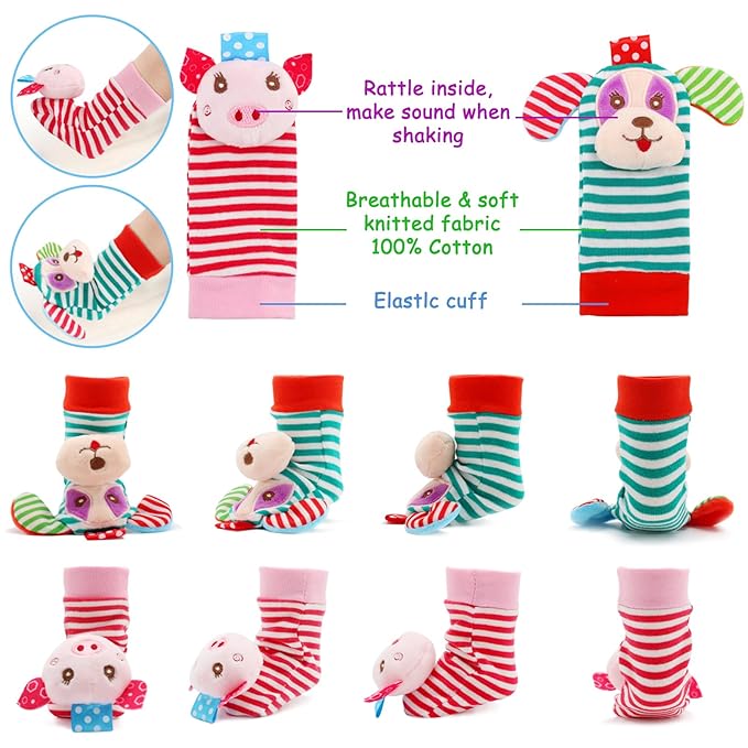 BLOOBLOOMAX Wrist Rattles Foot Finder Rattle Sock Baby Toy,Rattle Toy,Arm Hand Bracelet Rattle,Feet Leg Ankle Socks,Activity Rattle Present Gift for Newborn Infant Babies Boy Girl Bebe (5pcs-E)