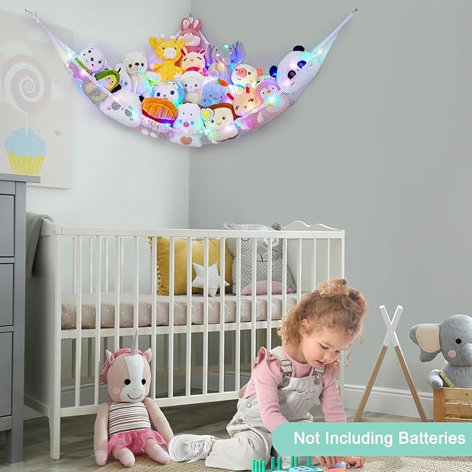 Unicorn Castle Stuffed Animals Net or Hammock Kids Toy Storage Organizer with LED Light Hanging Corner Stuffed Animals Holder Kids Girls Room Decor (Pack of 1)