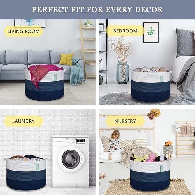 Extra Large Blanket Basket 87L, Laundry Hamper, Baby Nursery Hamper for Storage Toys Clothes Towels, Large Cotton Rope Laundry Basket for Girls Boys, 22”x 14”, White & Cadet Blue & Navy Blue