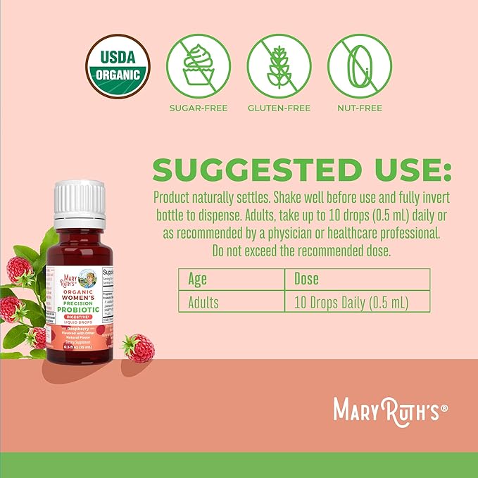 MaryRuth Organics USDA Organic Womens Probiotic Liquid Drops for Digestive Health | Targeted Support for Women | Four Probiotic Blend | Women's Wellness | Dairy Free | 30 Servings