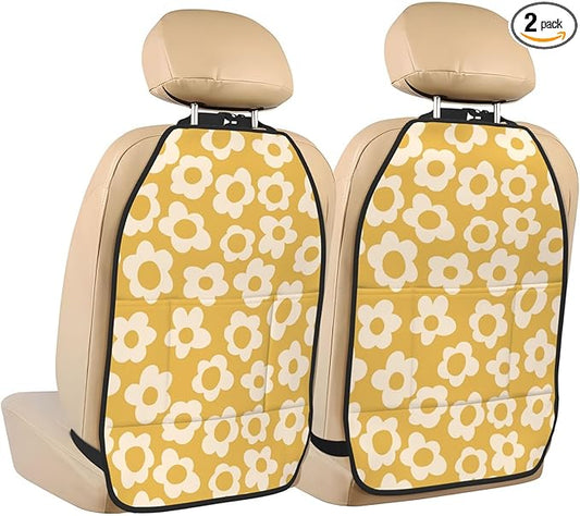 Vintage Groovy Flowers Car Kick Mats Back Seat Protector 2 Pack Auto Seat Back Covers with 3 Organizer Travel Accessories Universal Vehicle Interior from Dirt, Mud