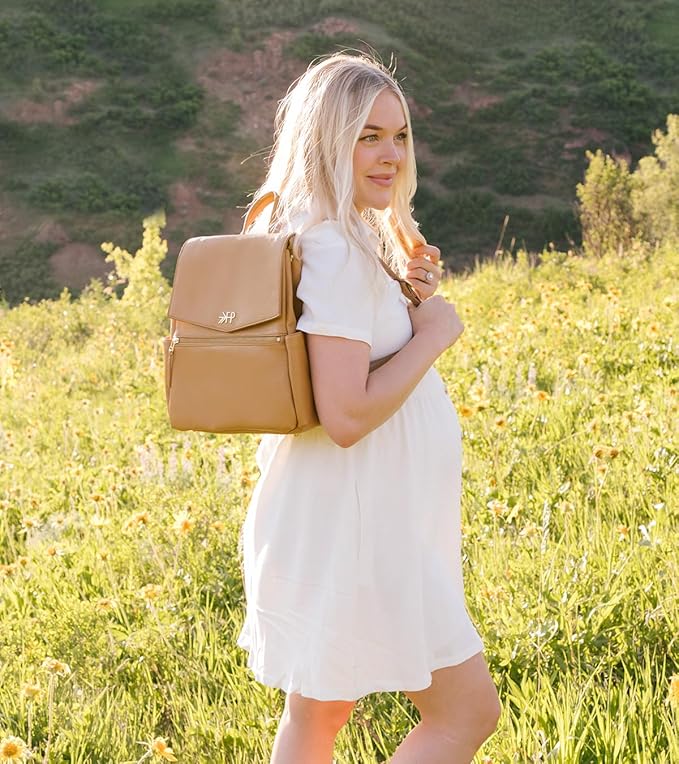 Freshly Picked Mini Classic Diaper Bag Backpack, Wipeable Vegan Leather Diaper Backpack, 8 Pockets (Butterscotch Tan)