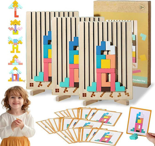 Wooden Stacking Puzzle Toy, 3D Wooden Montessori Brain Blocks, Interactive Educational Giant Russian Block Board Game for Kids Ages 3-6, Learning Toys for Family Activities & Home Decor (3PCS)