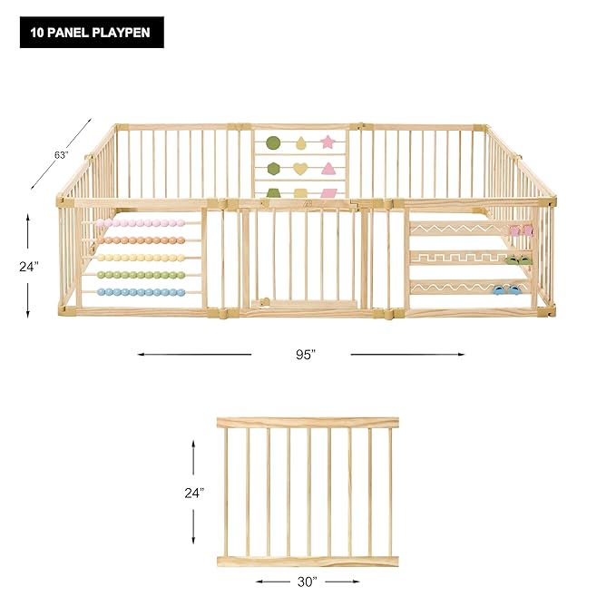 Wooden Playpen Extra Large for Toddlers and Babies - 3 Theme Toy Design - (8/10) Wood Panels - Foldable and Adjustable Baby playpen - Extra Large Baby playpen