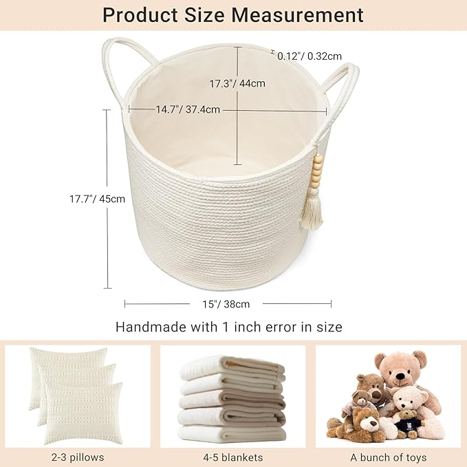 Mkono Tall Laundry Basket Woven Decorative Rope Storage Basket Wooden Bead Decoration for Blankets Toys Clothes Shoes Organizer Bin with Handles Living Room Home Decor, 15" W x 17.7" L, White