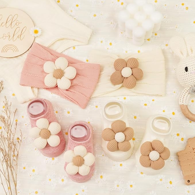 CÉLLOT Baby Girl Headband and Socks, Non-Slip Floral Socks and Soft Floral Nylon Hairbands for Babies Infants and Toddlers