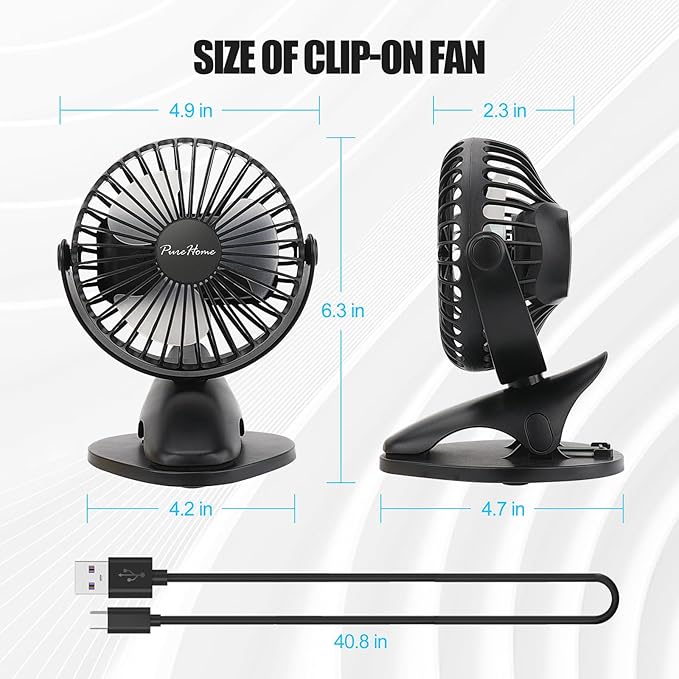 Portable Clip Fan Battery Operated,3 Speeds USB Rechargeable Mini Table Fan with Strong Airflow,360°Rotation Ultra Quiet Personal Desk Fan for Home Office Bedroom Dorm Stroller Camping(Black)