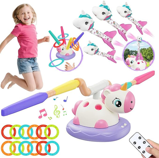 Outdoor Toys for Kids, 3 in 1 Rocket Launcher, Musical Jumping & Ring Toss Games with Remote Control, Unicorn Toys for Girls, Outdoor Play Games for Toddlers 3-5 4-8 Birthday Gift Party (Multicolored)