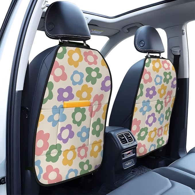 Vintage Groovy Flowers Car Kick Mats Back Seat Protector 2 Pack Auto Seat Back Covers with 3 Organizer Travel Accessories Universal Vehicle Interior from Dirt, Mud