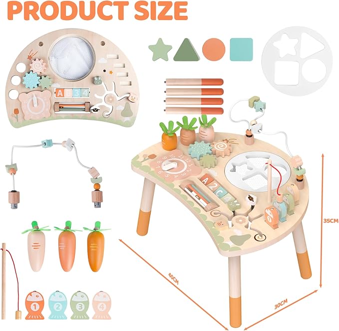 Activity Table for 1+ Year Old, 9-in-1 Montessori Wooden Sensory Play Table with Shape Sorter Fishing Game Bead Maze, Baby Activity Center Learning Toys for Toddler 12-18 Months