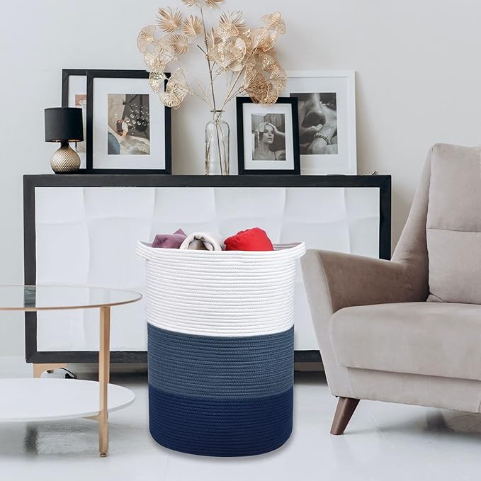 Large Blanket Basket, Nursery Hamper, Tall Laundry Basket 72L, Cotton Rope Woven Laundry Hamper for Storage Toys Clothes Towels, 16”x 22”, White & Cadet Blue & Navy Blue