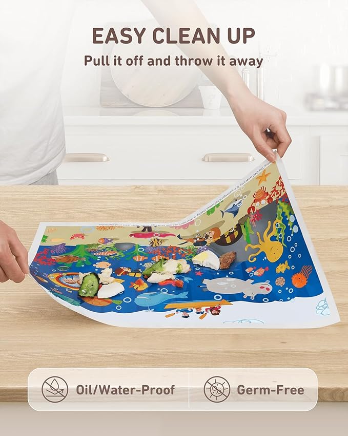Babebay Disposable Stick-on Placemats 40 Pack for Baby & Kids & Toddler, Sticky Placemats Restaurant Table Mats 12" x 18" (Seabed Scuba)