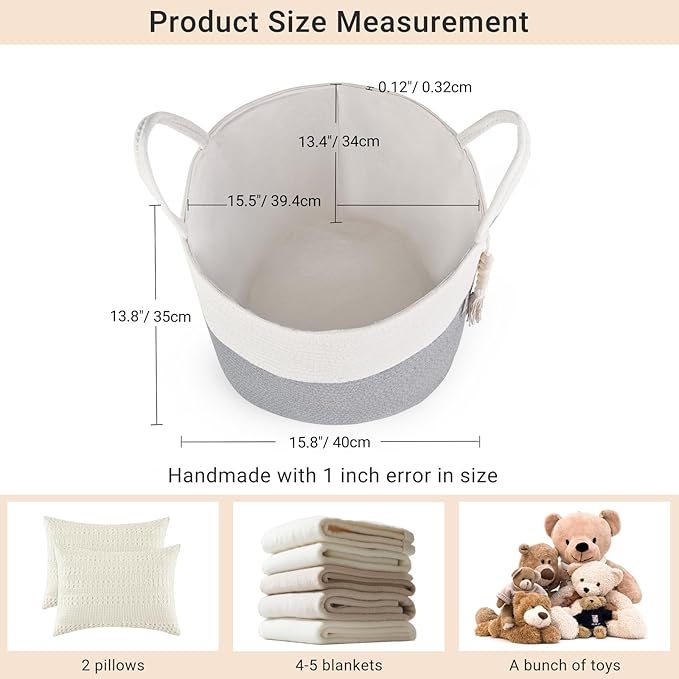 Mkono Woven Storage Basket Decorative Rope Basket Wooden Bead Decoration for Blankets,Toys,Clothes,PlantOrganizer Bin with Handles Living Room Home Decor, Grey and White, 16" W × 13.8" L