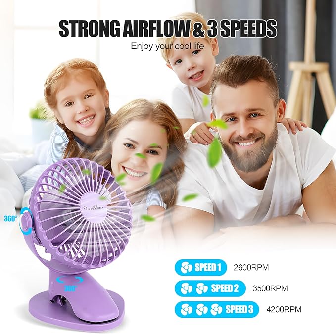 Portable Clip Fan Battery Operated,3 Speeds USB Rechargeable Mini Table Fan with Strong Airflow,360°Rotation Ultra Quiet Personal Desk Fan for Home Office Bedroom Dorm Stroller Camping(Purple)