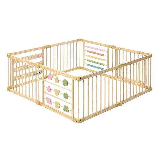 Wooden Playpen Extra Large for Toddlers and Babies - Foldable, Expandable, Adjustable - 8-10 Panels - Natural Wood - Unisex - Playpen