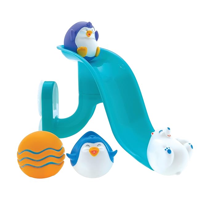 Nuby Penguin Slide Bath Toy Play Set with 4 Bath Squirters - Baby Bath Toys for Boys and Girls 12+ Months - Suction Cup Toy Attaches to Shower Wall