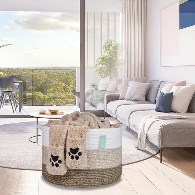 Extra Large Blanket Basket 87L, Laundry Hamper, Baby Nursery Hamper for Storage Toys Clothes Towels, Large Cotton Rope Laundry Basket for Girls Boys, 22”x 14”, White & Gradient Brown