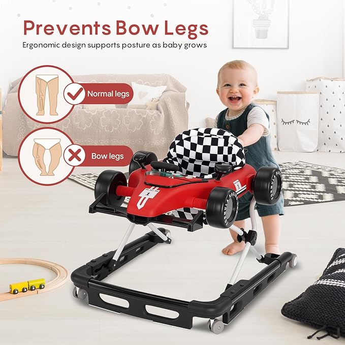 Baby Walker with Wheels, 4-in-1 Baby Walker for Boys Girls Foldable Activity Walker with Adjustable Height Toddler Infant Walker with Music and Lights Walker for Baby 6-24 Months, Red