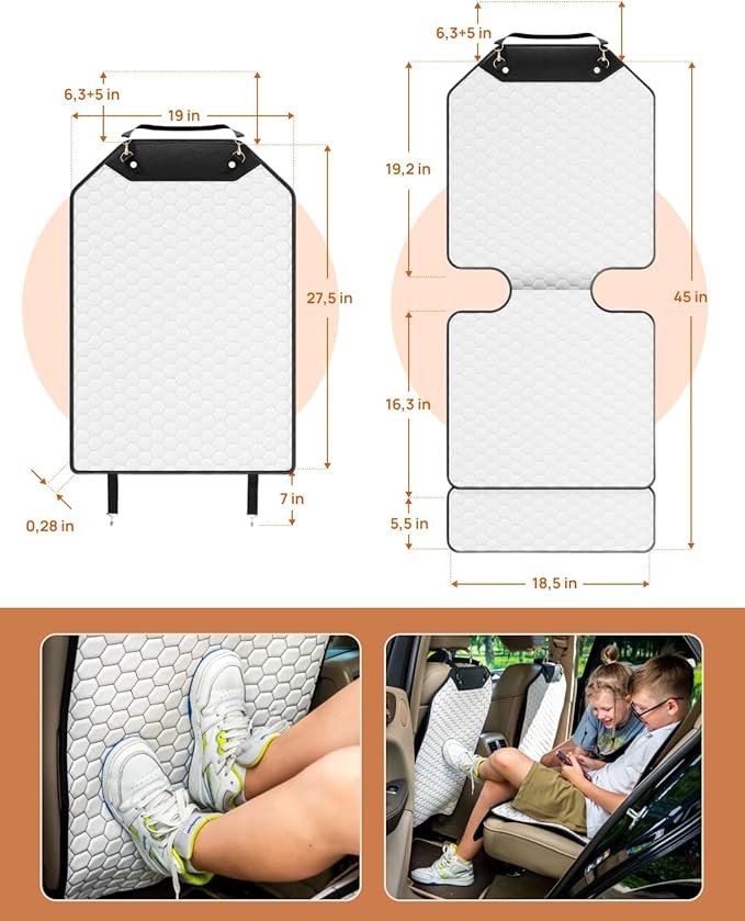 Owleys Car Accessories - White Seat Protector & Kick Mat Set Eco-Leather Guard 45"x18.5" + Waterproof Back Shield 27.5"x18.5" Road Trip Essential for Families with Kids Premium Light Interior Upgrade