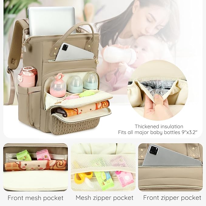 AIJIEKE Diaper Bag, Large Wide-Open Baby Diaper Backpack, Multi-functional Baby Travel Tote Bag, Diaper Bag with Changing Pad, Diaper Bags for Mom & Maternity (Brown Taupe)