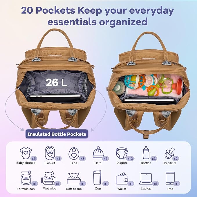RUVALINO Diaper Bag Backpack, Multifunction Travel Pack Maternity Baby Changing Bags, Large Capacity, Waterproof, Golden Brown