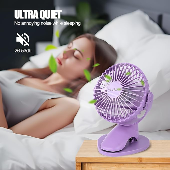 Portable Clip Fan Battery Operated,3 Speeds USB Rechargeable Mini Table Fan with Strong Airflow,360°Rotation Ultra Quiet Personal Desk Fan for Home Office Bedroom Dorm Stroller Camping(Purple)